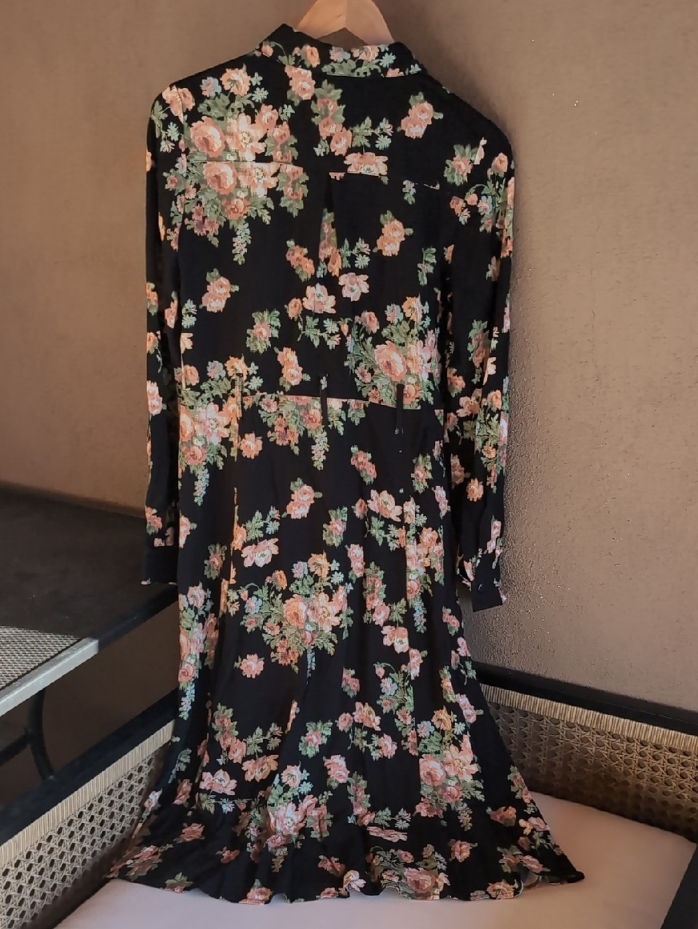 Sezane Black Long-Sleeve Floral Midi Dress with Peach and Green Blooms